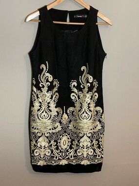 Black Cocktail Dress with Gold Embroidered Detail Side Zip Sz L